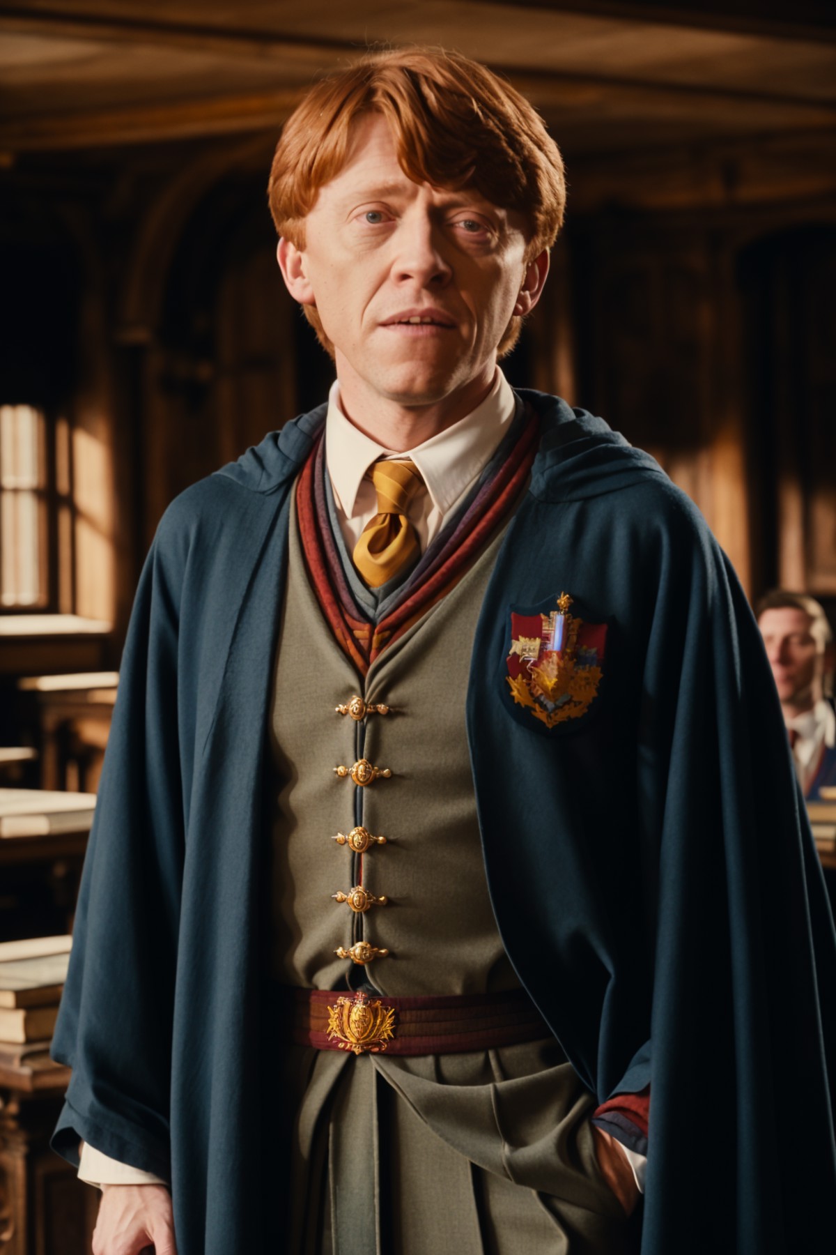 AS-MidAged ron weasley, as a professor in hogwarts standing in a hogwarts castle interior classroom wearing robes
(masterp...